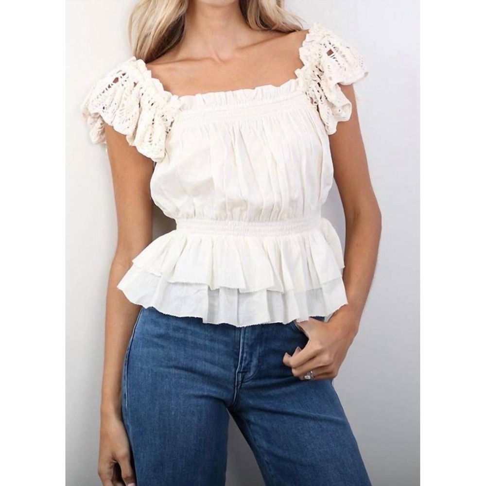 Cleobella Marisol Top S‎ Ivory Smocked Peplum Crochet Boho Cottage Festival